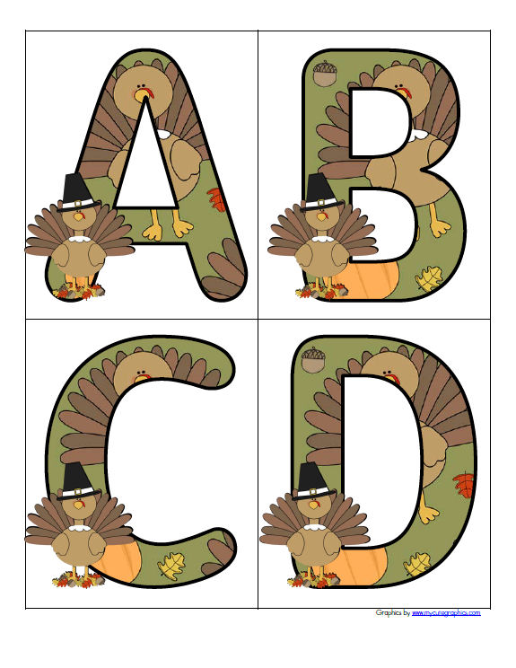 Thanksgiving turkey themed large alphabet letters, upper and lower case.