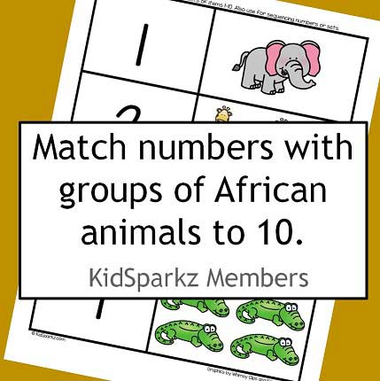 African animals center - match numbers and sets of animals to 10.