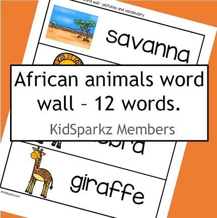 African animals word wall - 12 pictures and  vocabulary. 