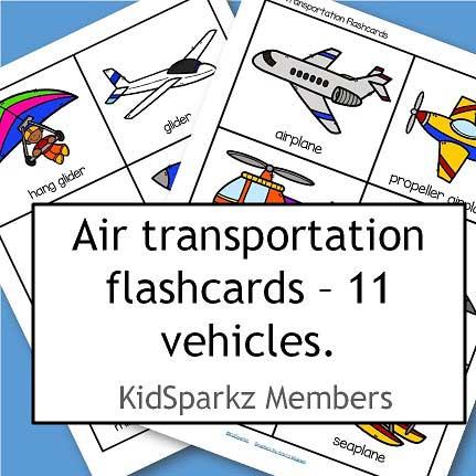 Air transportation flashcards - 11 different kinds of vehicles.