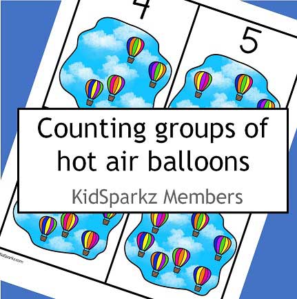Hot air balloons counting cards to 10.  2 sets -one includes numbers, the other does not.