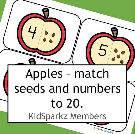 Apples 2 -piece puzzles - match numbers to sets of seeds 0-20. 