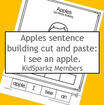 Apples sentence building cut and paste printable: I see an apple. 