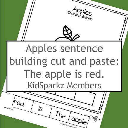 Apples sentence building cut and paste: The apple is red.