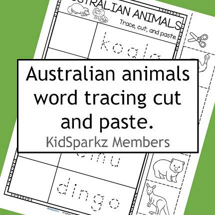 Australian animals words trace, cut and paste printable
