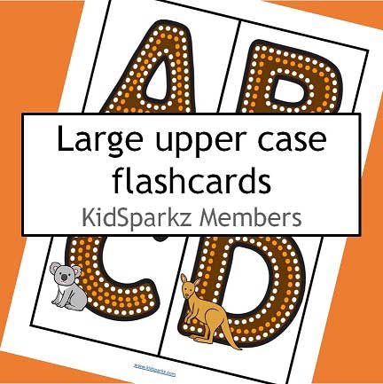 Australia indigenous style painting large upper case letter flashcards. MEMBERS