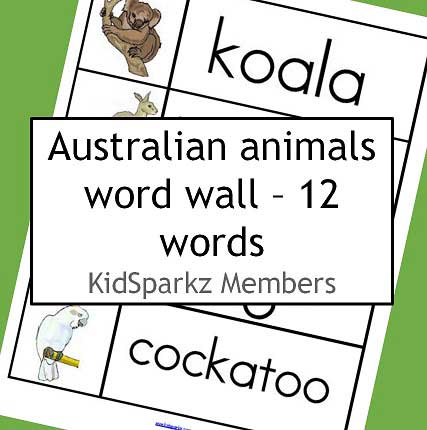 Australian animals word wall - 12 words.