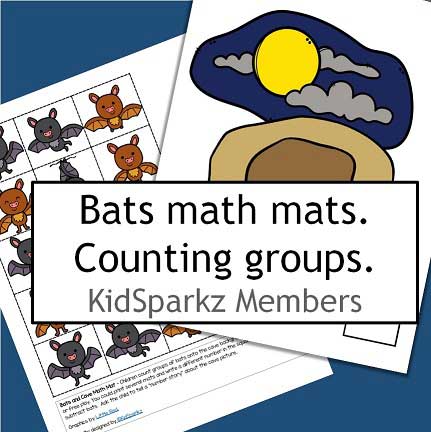 Bats math mats. Count sets of bats (hanging and flying) on a cave background.