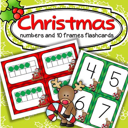 Set of Christmas number flashcards 0-20, plus a set of 10-frame flashcards, 0-20.