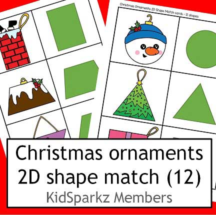 Christmas ornaments 2D shape match flashcards - 12 shapes. 