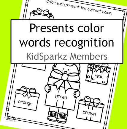 Color words - color the Christmas presents the correct colors.