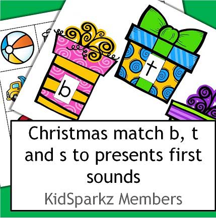 Christmas presents beginning sounds center. Match 12 pictures to correct letter. 
