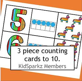 3-piece pinata counting cards, 1-10.  Numbers, 10-frames and objects. Use for matching, naming sequencing etc.