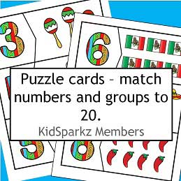 Mexican theme self-correcting numbers/sets cards, 0-20.