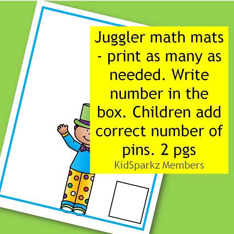 Juggler math mats - print as many as needed, write number in the box, children add correct number of pin