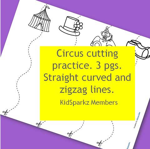 Circus cutting practice. 3 pgs. Straight curved and zigzag lines