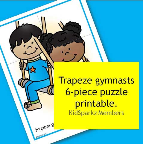Trapeze gymnasts 6-piece puzzle printable. 