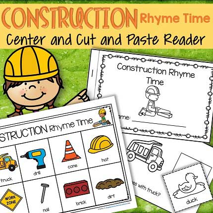 Construction rhyme time center and emergent reader cut and paste activity