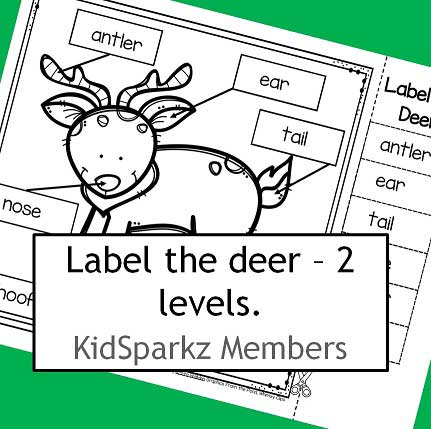 Label the deer cut and paste, 2 levels: match word to word, and word to empty label.