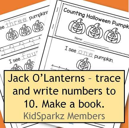 Make a  Halloween pumpkins booklet - count and trace numbers and number words.