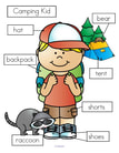 Let's Label the CAMPING KID - 3 Differentiated Ways. Vocabulary sight words, cut and paste.