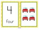 Cars preschool theme. Large number cards  0-20.  4 cards for each number