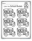 Preschool printable - color name recognition - color the 6 school buses.