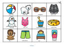 Summer theme. Categorizing items that can be found at the beach or a swimming pool.  