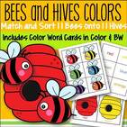 Match 11 colors of bees to hives. Includes color word cards in color and bw.