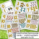 Construction items puzzle cards - match numbers and sets to 20.