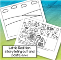 Little Red Hen storytelling cut and paste activity in b-w.Picture