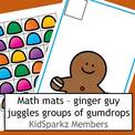 Gingerbread juggler and gumdrops math mat. Write numbr on mat. Children count sets of gumdrops on mat. MEMBERS