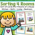 Sorting rooms - categorizing 24 furniture cards onto kitchen, bathroom, bedroom and living room mats. 