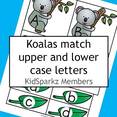 Koalas and eucalyptus (gum) leaves upper and lower case letters matching.  Full alphabet.