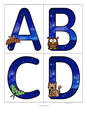 Large alphabet flashcards with a nocturnal animals theme.