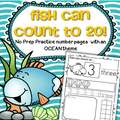 Number practice pages 1-20 with a fish/ocean theme.