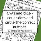 Owls and dice - count the total number of dots on two dice and circle the correct number. 