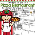 Our 5 senses at a pizza restaurant - small group discussion and individual drawing printables