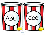 Sort upper and lower case alphabet letters onto popcorn container mats.