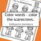 Color name recognition - color the 6 scarecrows. 