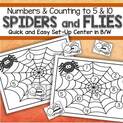 Spiders and Flies Numbers  Quick and Easy Set-Up Center - match 10-frames, tally marks, number words and dice. 