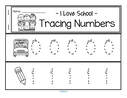Tracing numbers 0-20 for beginning writers with a school theme.