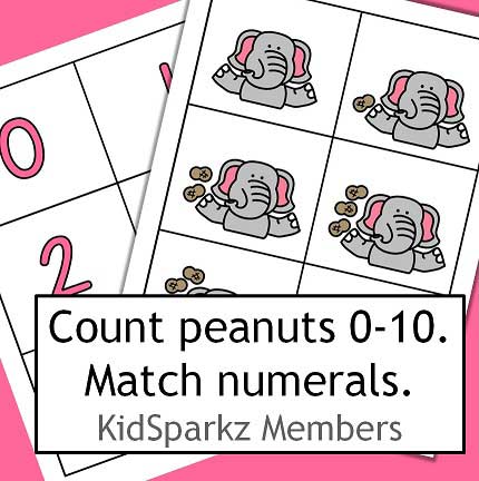 Elephants juggling peanuts counting 0-10.  Match to numerals.