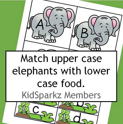 Elephant alphabet - match upper case elephants with lower case vegetation food. 