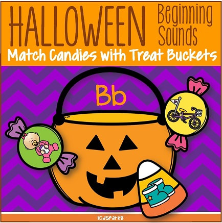 Halloween beginning sounds - match 3 pieces of candy with alphabet treat buckets