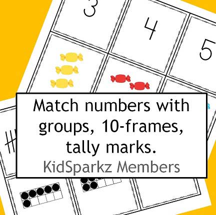 Match numbers to 10 with groups of candy, or 10-frames, or tally marks.