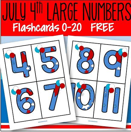 Large flashcards July 4th numbers 0-20 set.