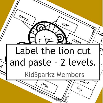 Label the lion cut and paste, 2 levels: match word to word, and word to empty label.