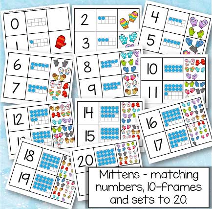 Mittens theme - matching numbers, 10-frames and sets of mittens 0-20. Also find and count pairs.