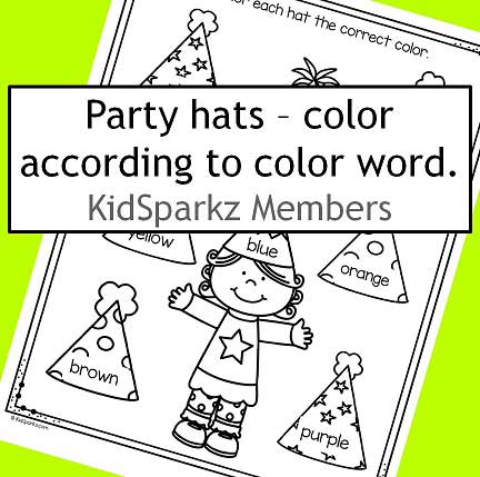 Color words - color the New Year hats the correct colors.